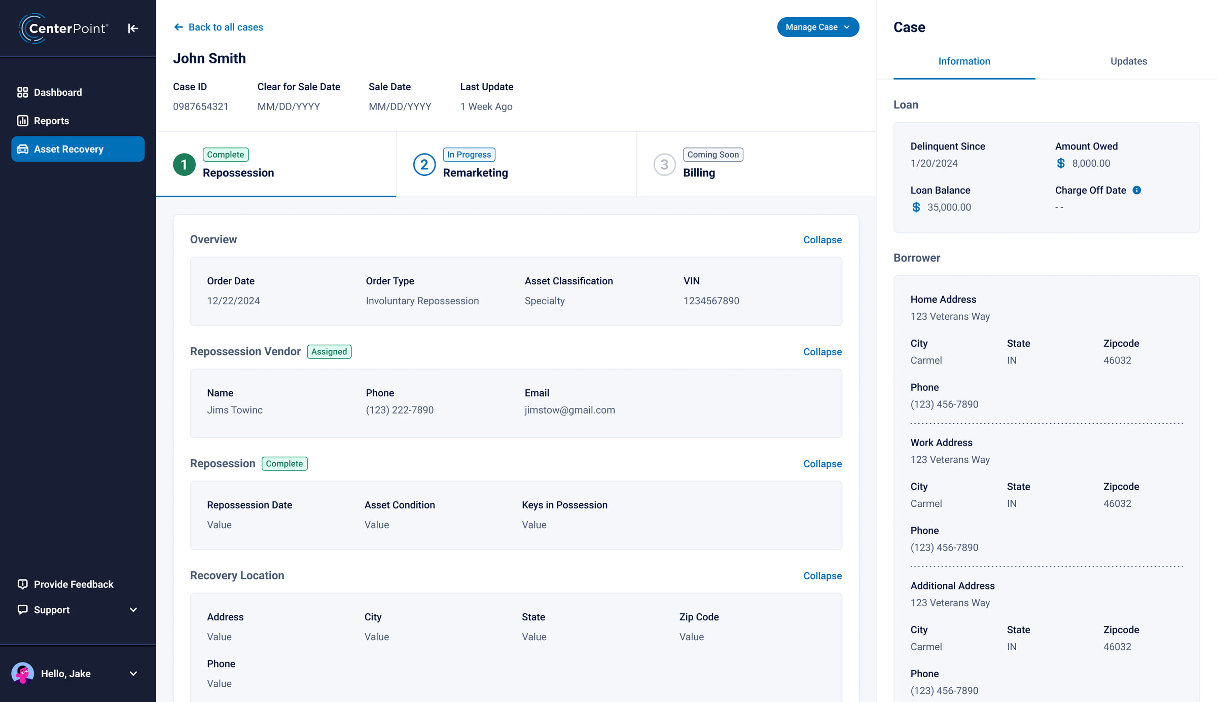 A CenterPoint case with its three steps highlighted: repossession complete, remarketing in progress, billing coming soon.