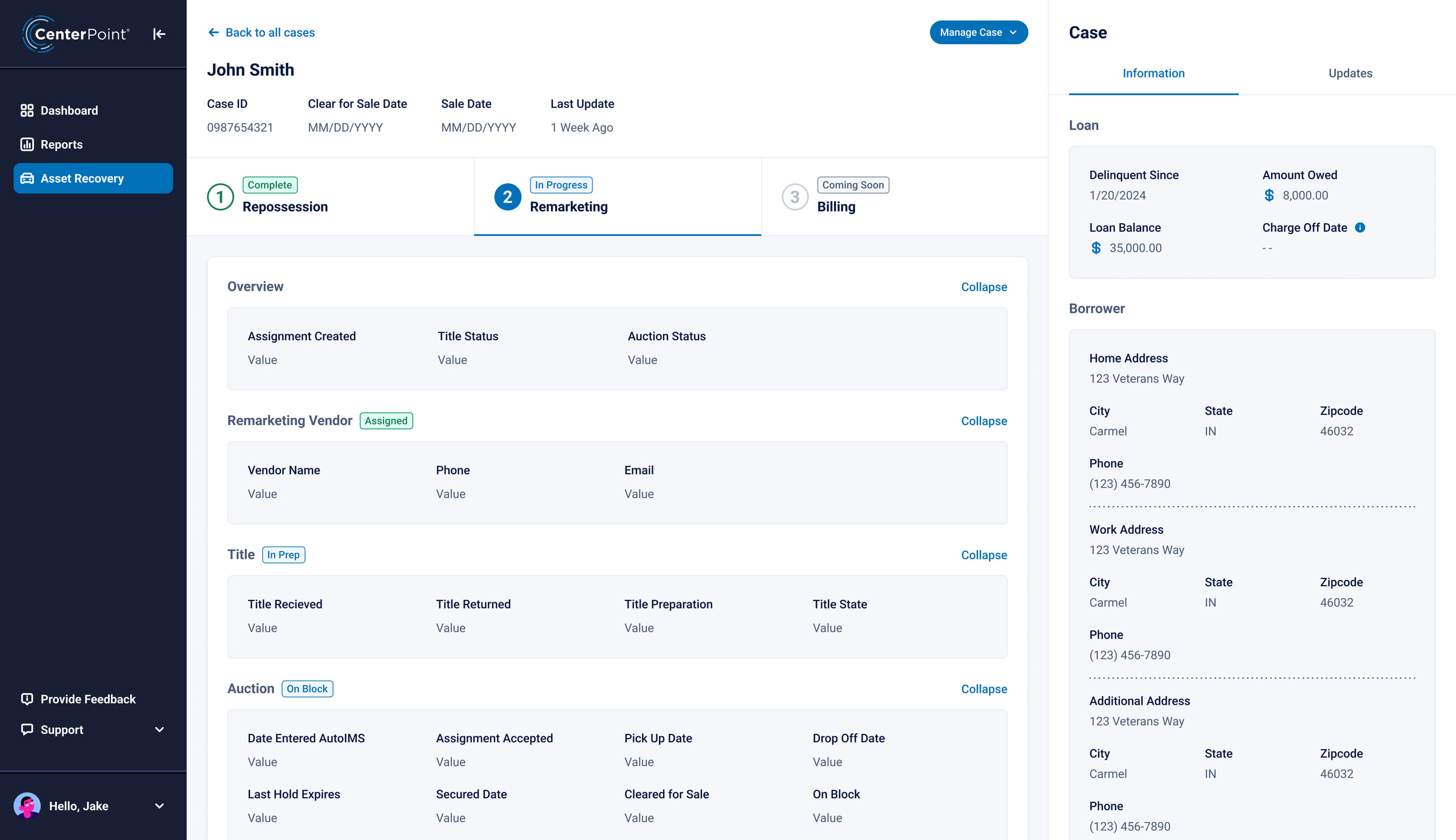 The remarketing step of a case, with its title and auction sections highlighted.