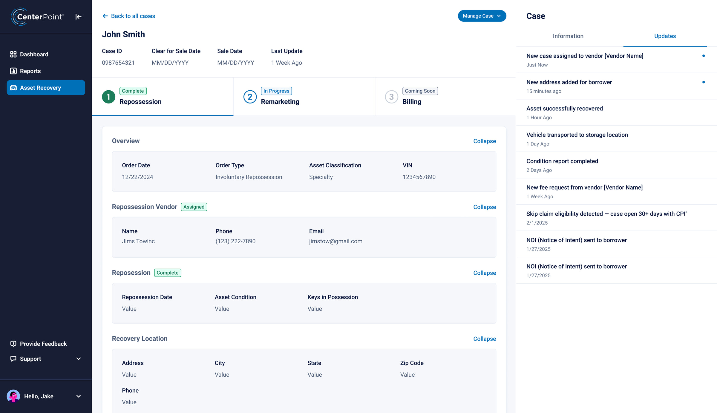 The case rail's Updates tab: vendor assigned, address added, asset recovered, transported, condition report, fee request, notices.