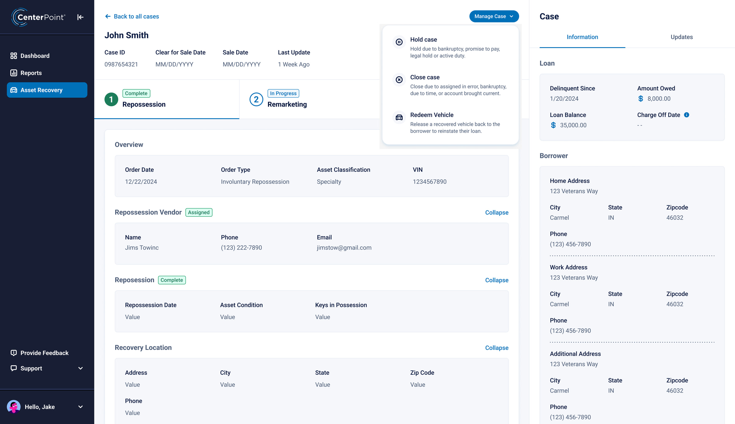 The Manage Case menu opened from the case header: hold case, close case, redeem vehicle.