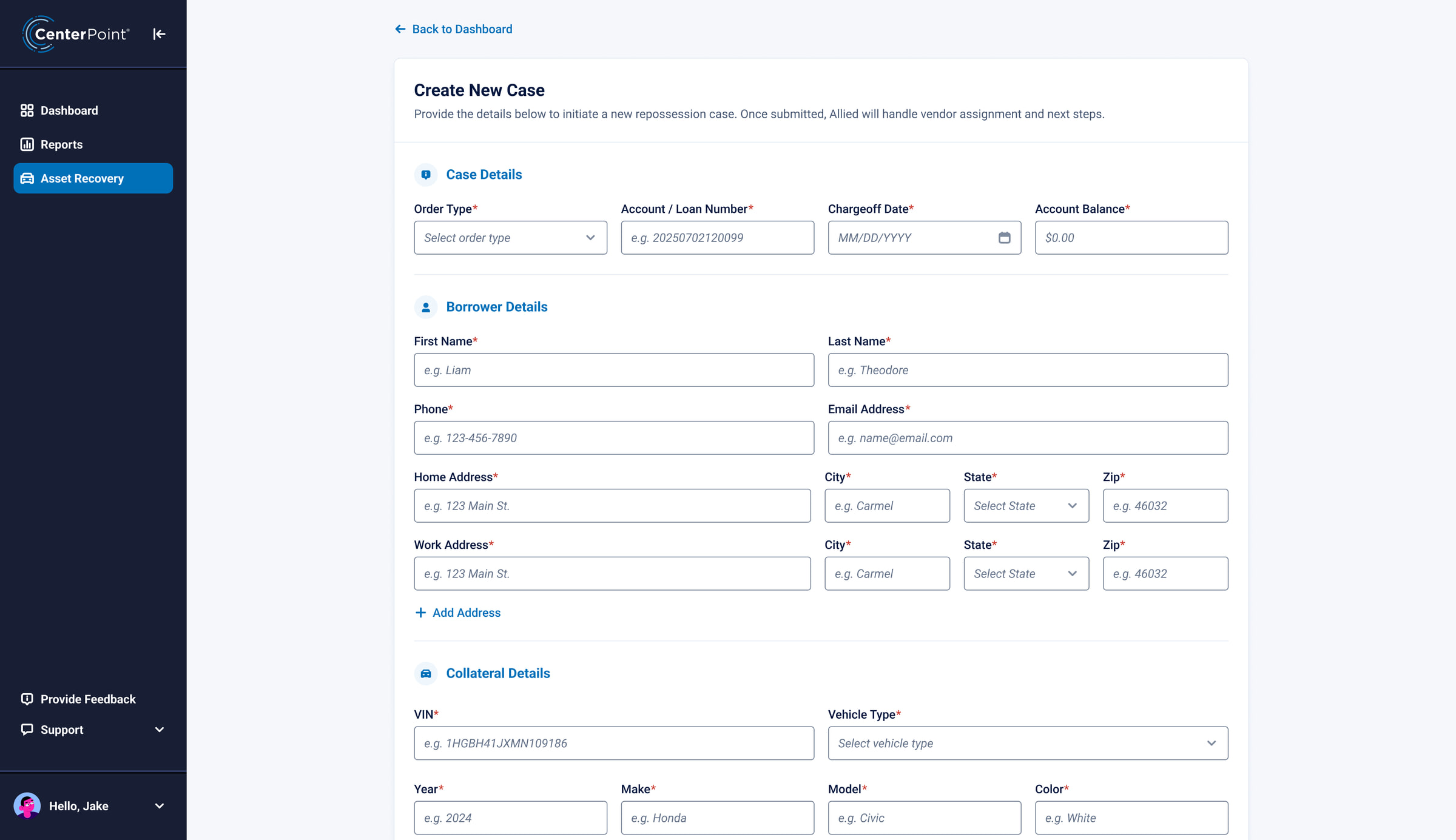 Create a new case form