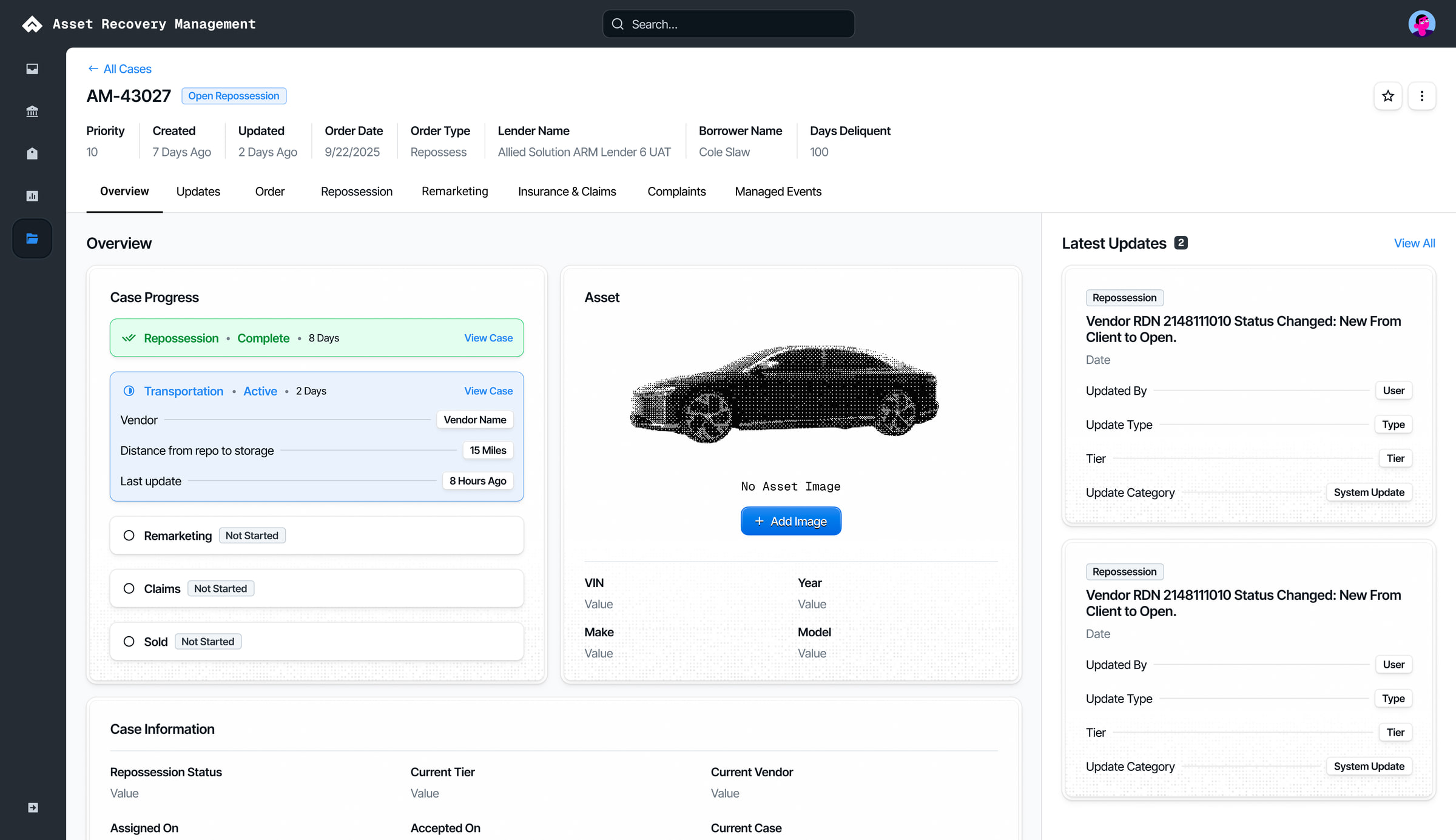 ARM Pega case home page: a case header with priority, dates, lender and borrower, a case progress panel listing each recovery stage, the asset, and a latest updates feed.