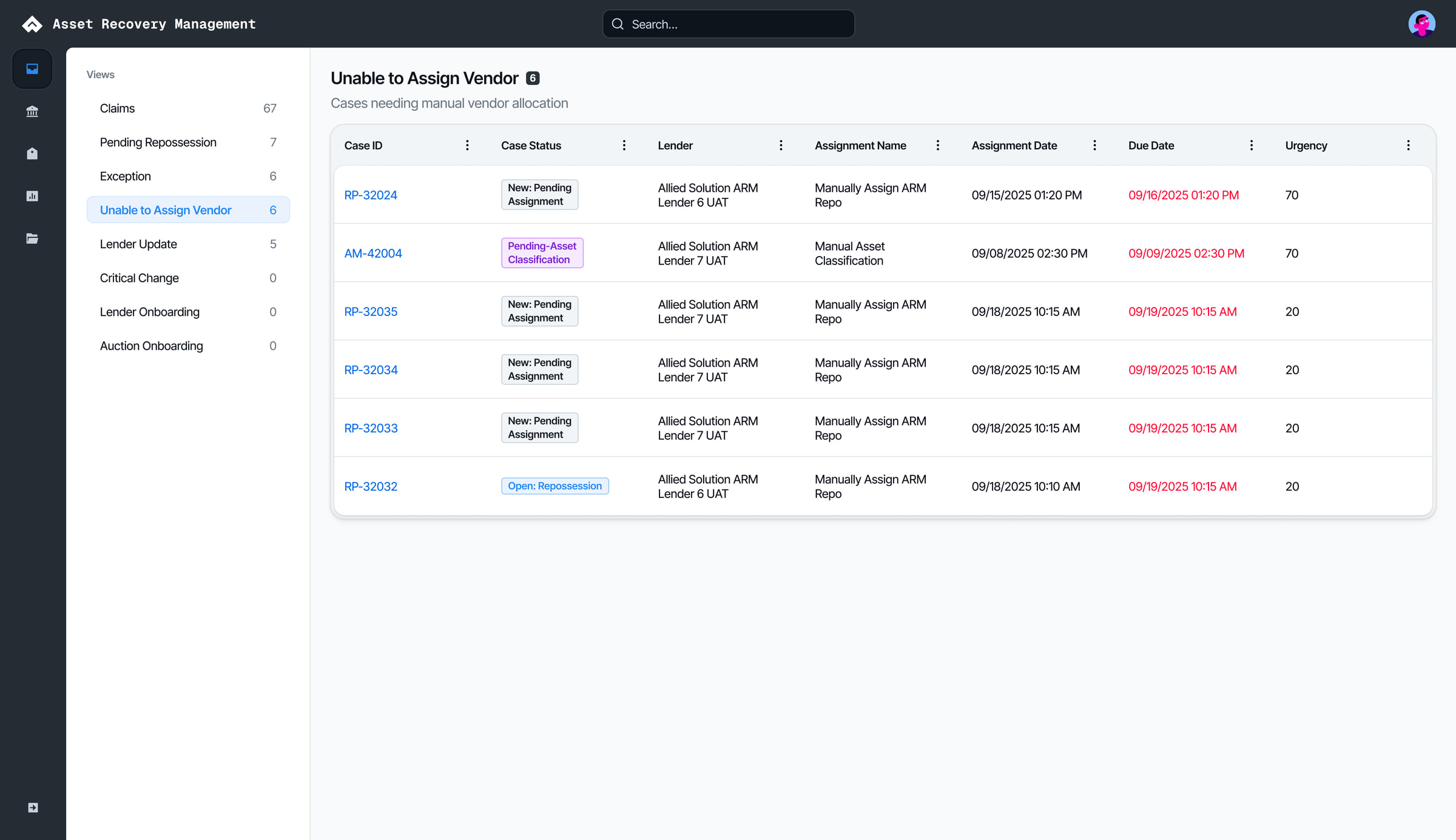 ARM Pega: the Unable to Assign Vendor queue, six cases needing manual vendor allocation, beside the list of eight work queues.