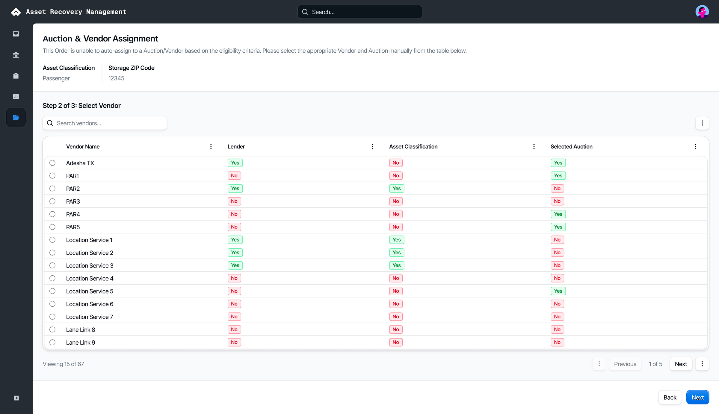 ARM Pega: Auction and Vendor Assignment, step 2 of 3. The order could not auto-assign; a table shows which vendors match the lender, the asset classification and the selected auction.
