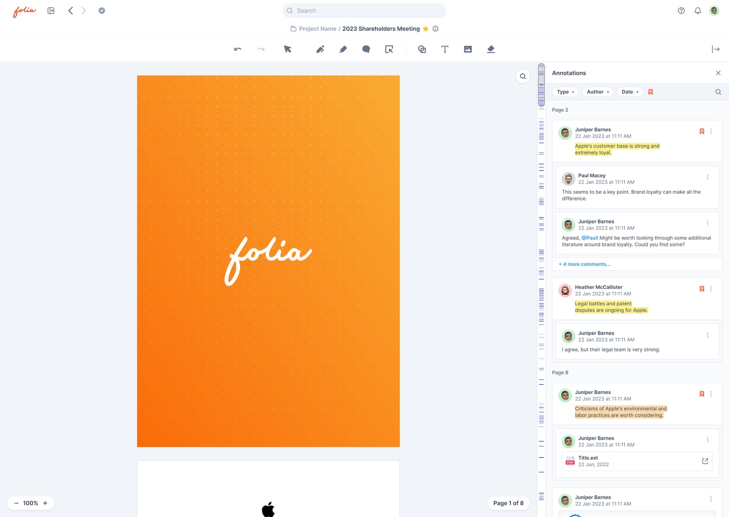 Folia's document view: an orange Folia cover page on the left, and an Annotations panel on the right listing highlights and threaded comments, filterable by type, author and date.