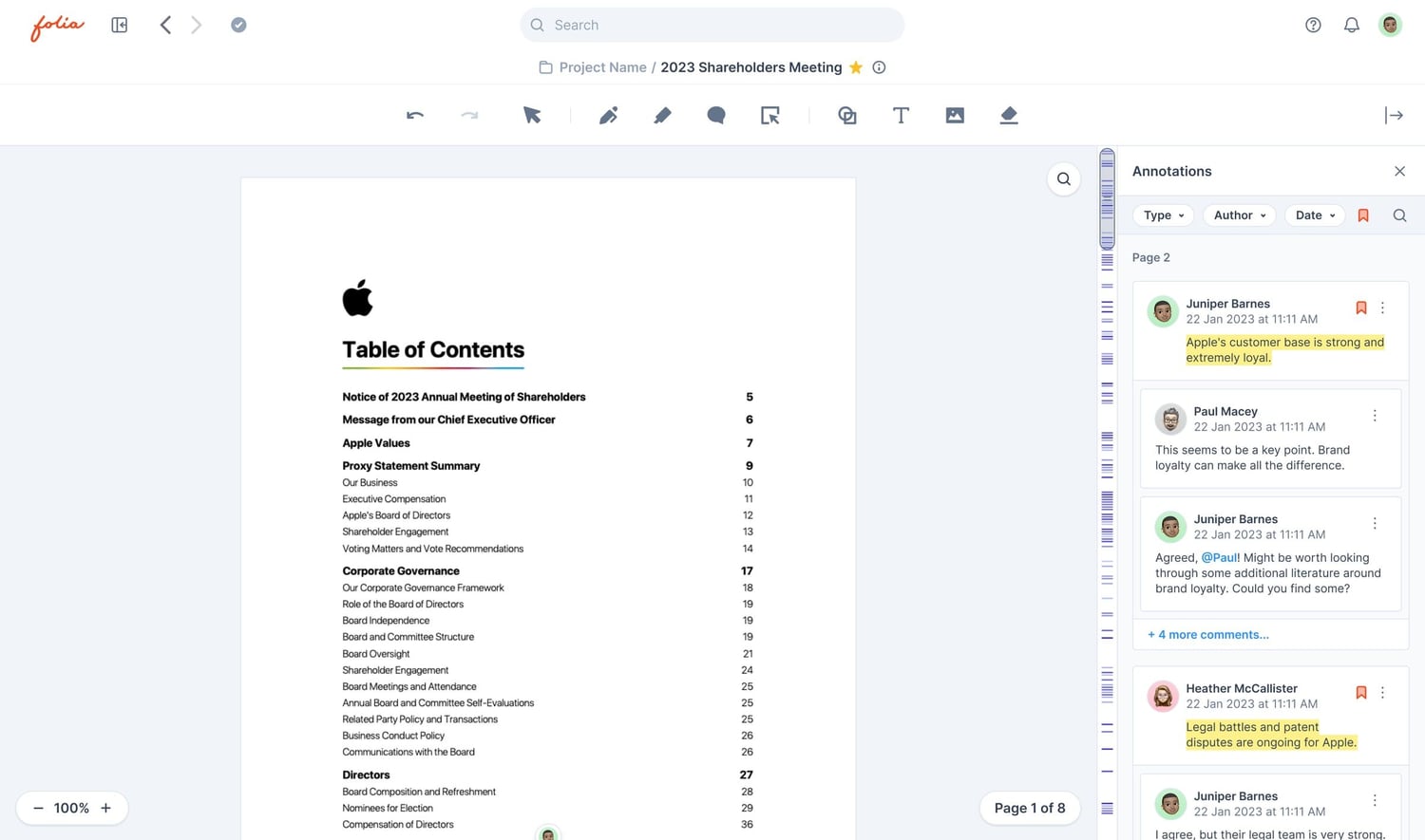 Document view with threaded comments