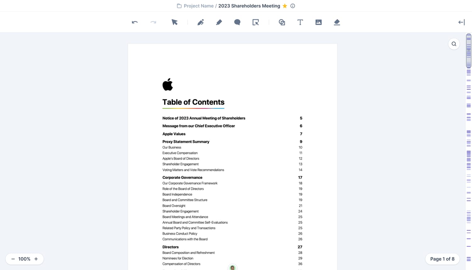 Folia's editor: the toolbar grouped by job across the top, and a scrollbar of annotation ticks along the right edge.