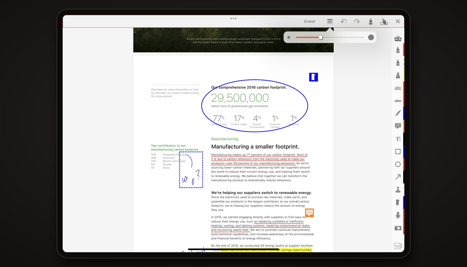 iAnnotate on an iPad: an annotated report with an ink ellipse, underlines, a highlight and a note, and a column of tool tabs down the right edge.