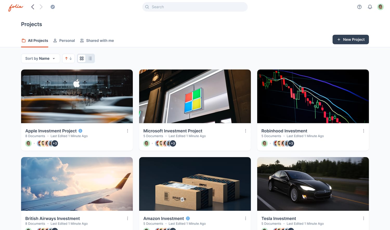 The Projects page: project cards with cover photos, each showing its document count and members