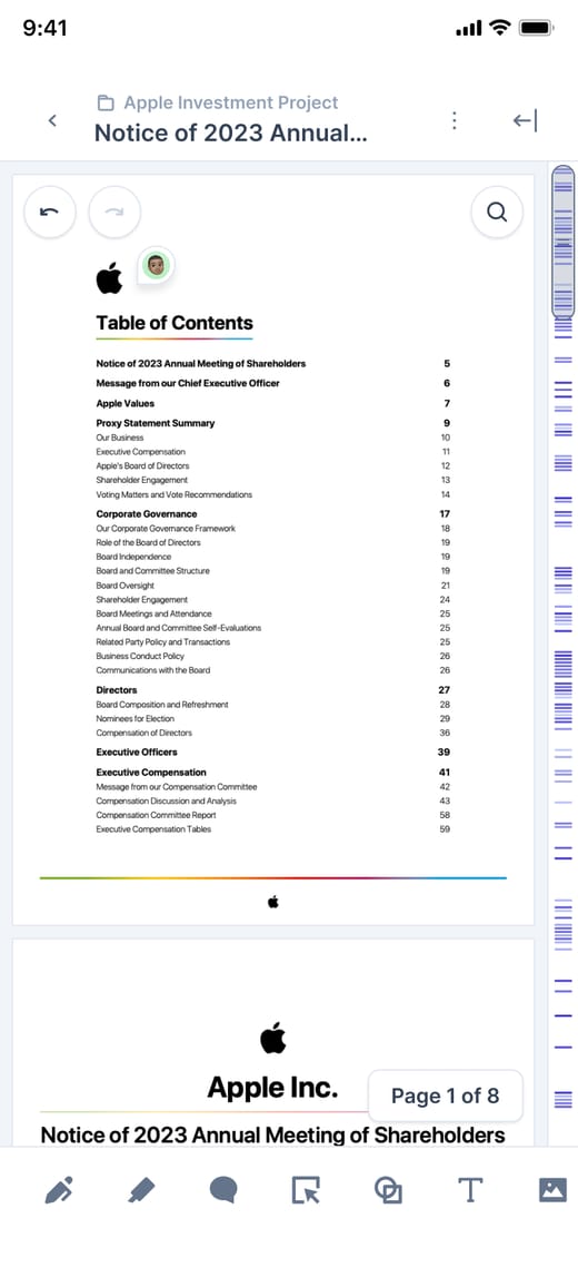 A document on a phone, with the annotation scrollbar along the right edge and the tool bar at the bottom.