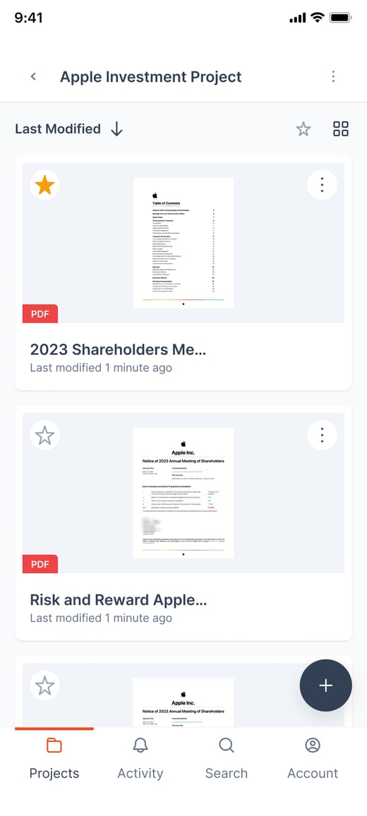 A project on a phone: its documents as cards, last modified first, with a bottom navigation bar.