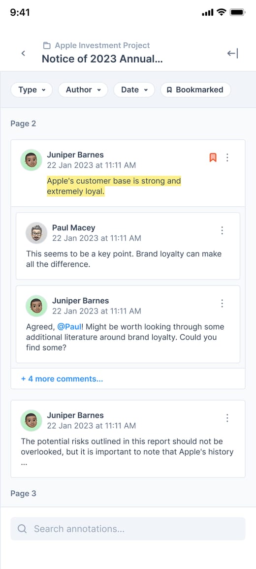 The Annotations panel on a phone: filters, a highlight and its threaded replies.