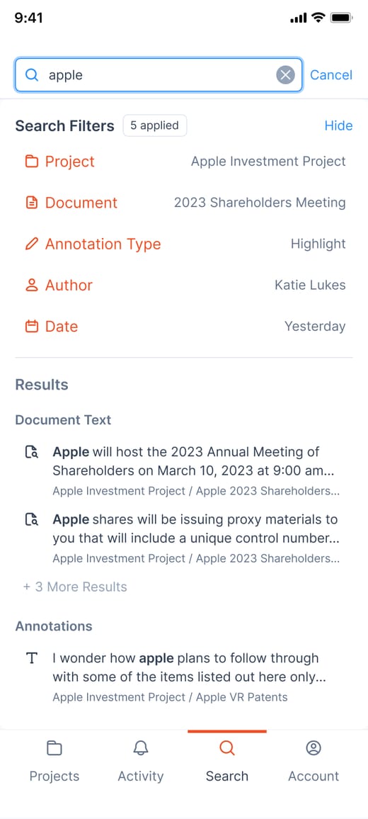 Search on a phone, with five filters applied and results grouped as document text and annotations.