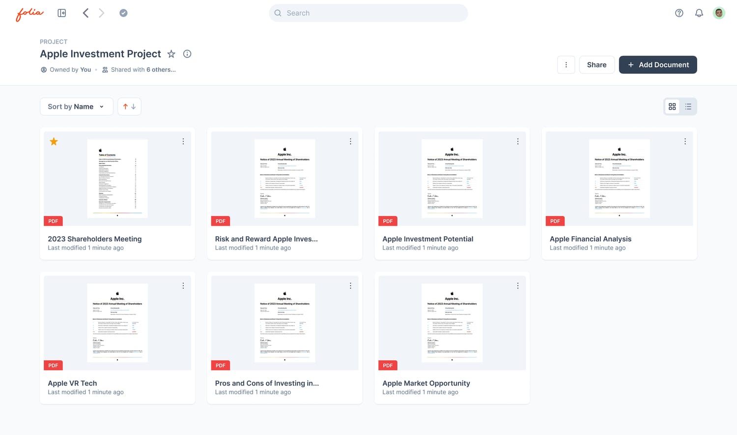 A project page: its documents as PDF thumbnails, with Share and Add Document buttons at the top