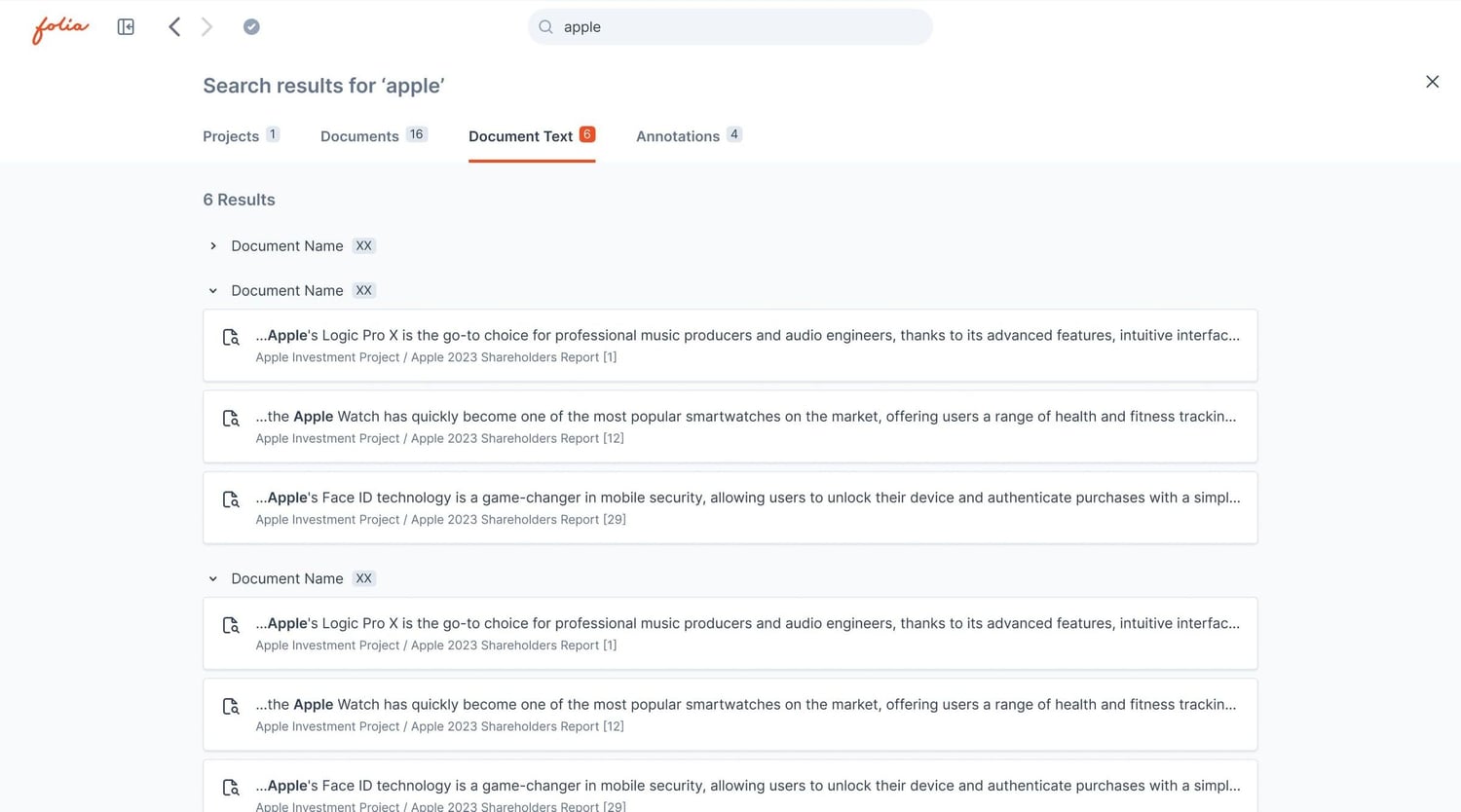 Search results for 'apple', on the Document Text tab: each match is a card with the snippet, the project and document it comes from, and the page number.