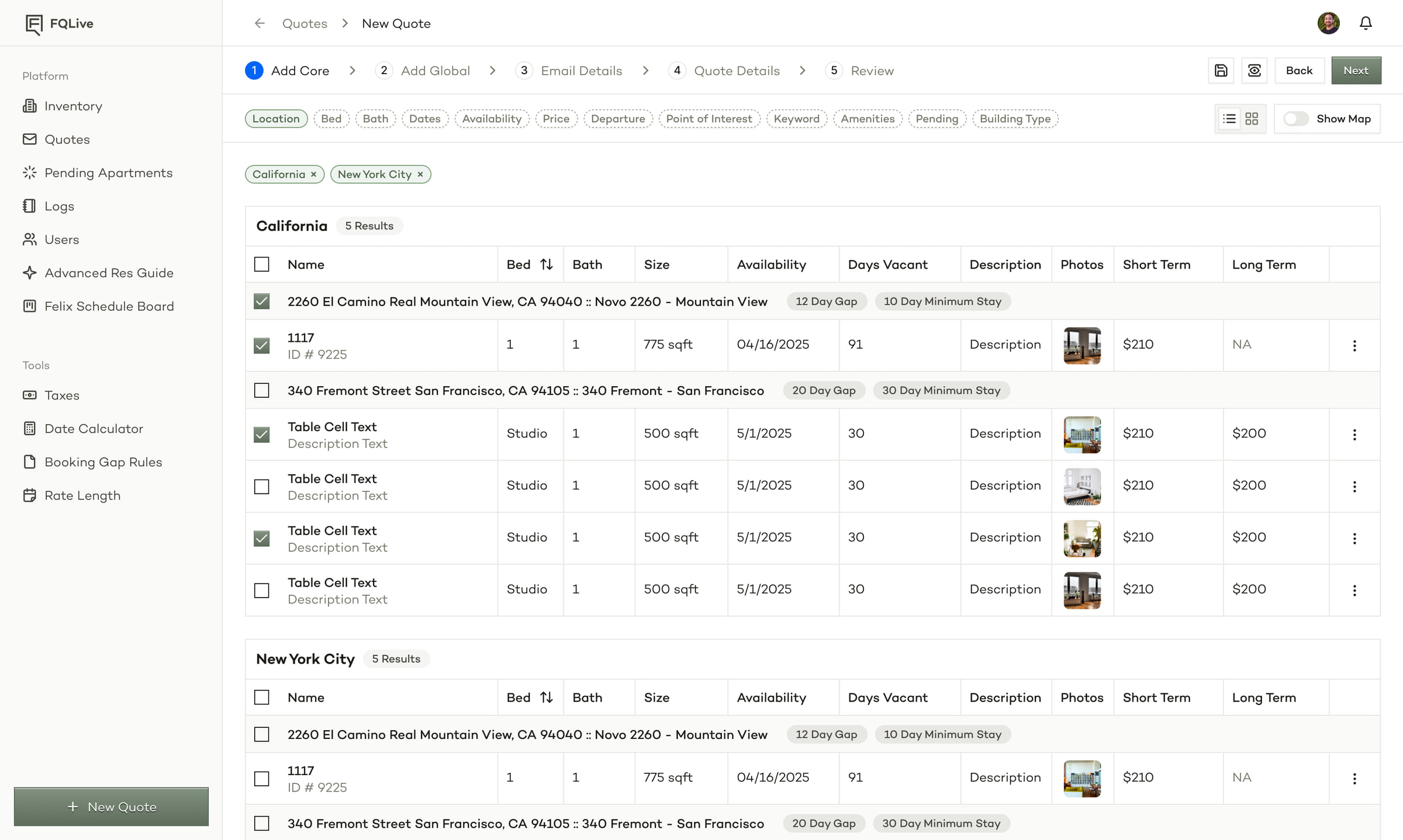 FQ Live's quote builder: inventory search results grouped by city, with units checked to add them to the quote in progress.