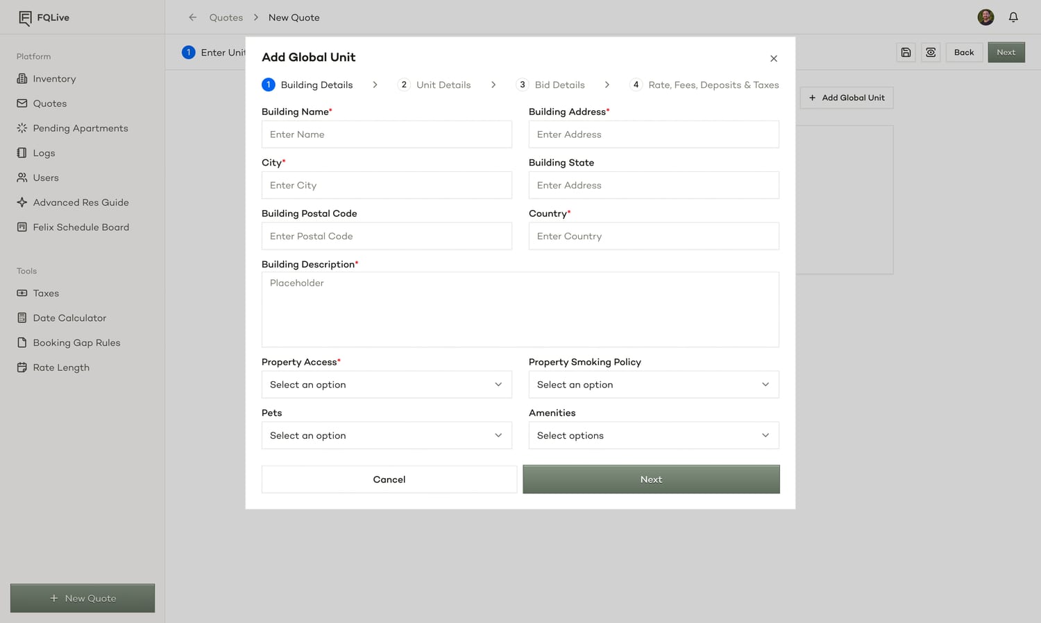 Step 2 of 5, Add global: the form for a unit from outside inventory