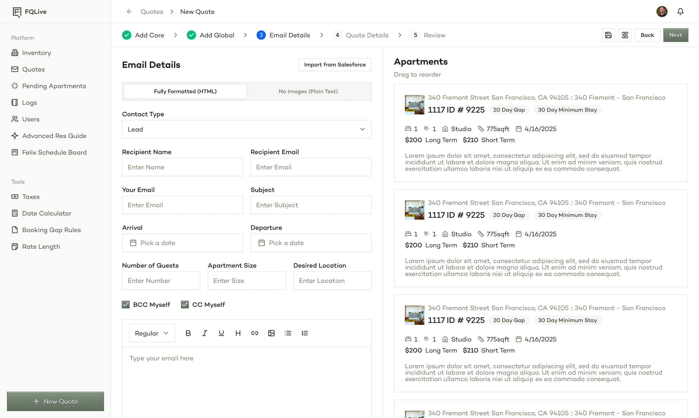 Email Details step: the client email form beside the apartments chosen for the quote, which can be dragged to reorder.