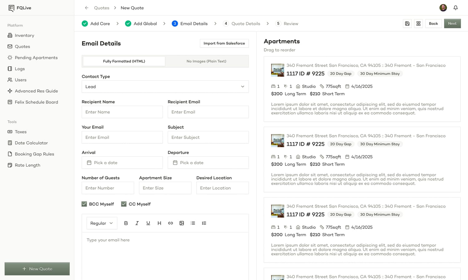 Step 3 of 5, Email details: the client email beside the chosen apartments