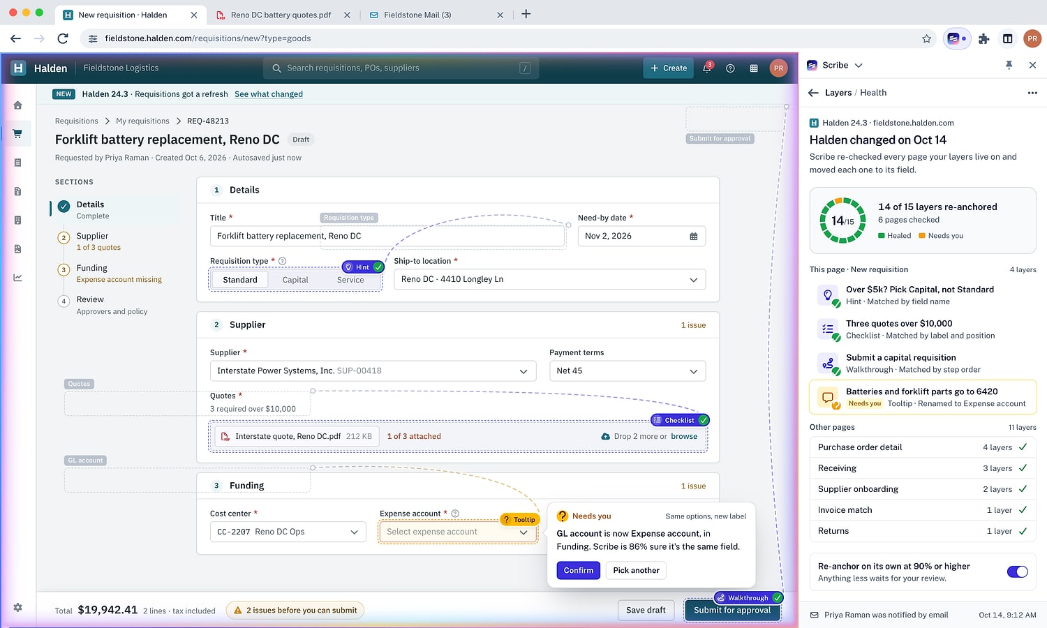 Halden 24.3's redesigned requisition page with dashed outlines where fields used to be, connectors to their new places, and a Health panel reporting 14 of 15 layers re-anchored.
