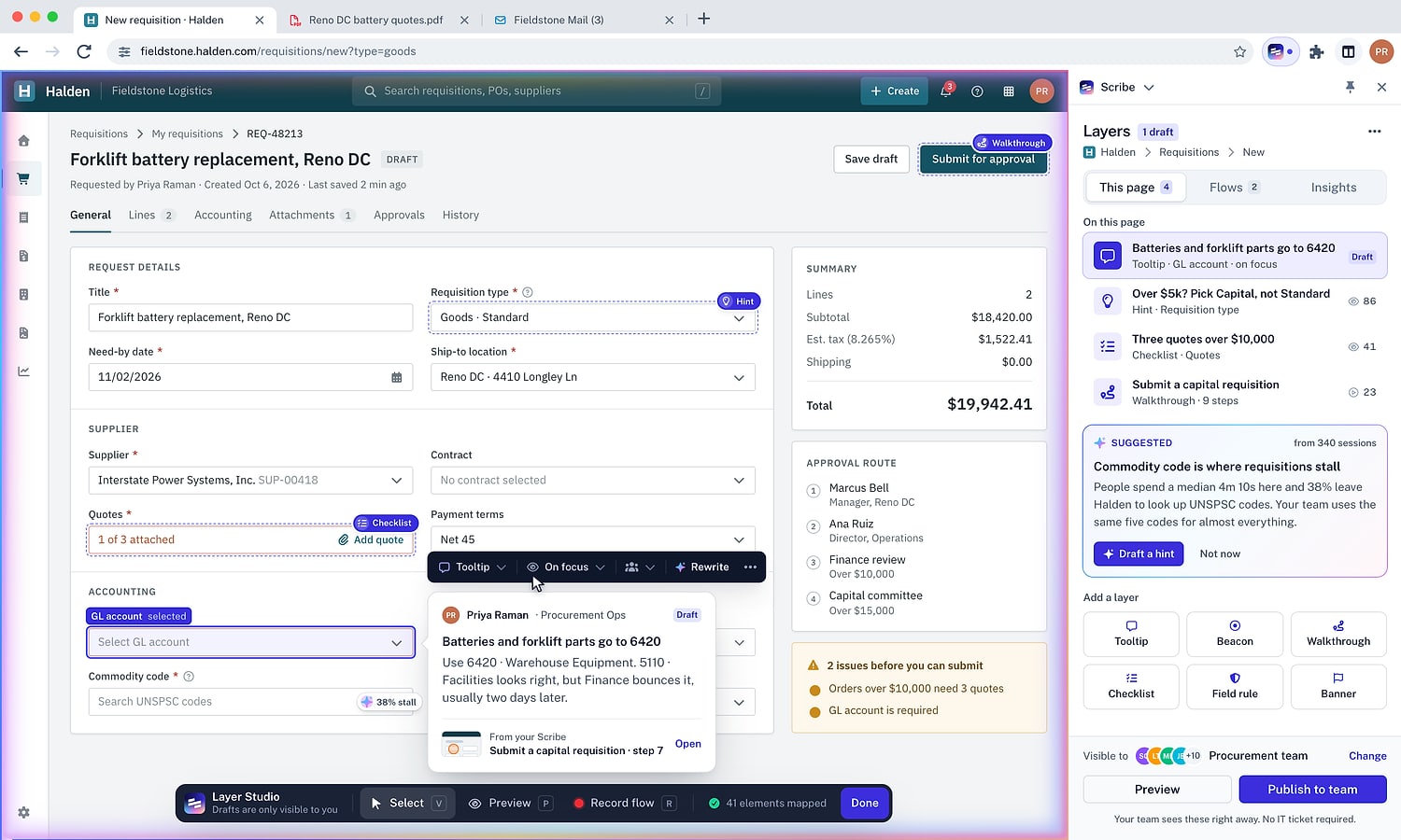 Layer Studio on Halden's New requisition page: a draft tooltip on the GL account field reads 'Batteries and forklift parts go to 6420', and the Scribe side panel lists the four layers on the page with a suggestion to draft a hint for Commodity code.